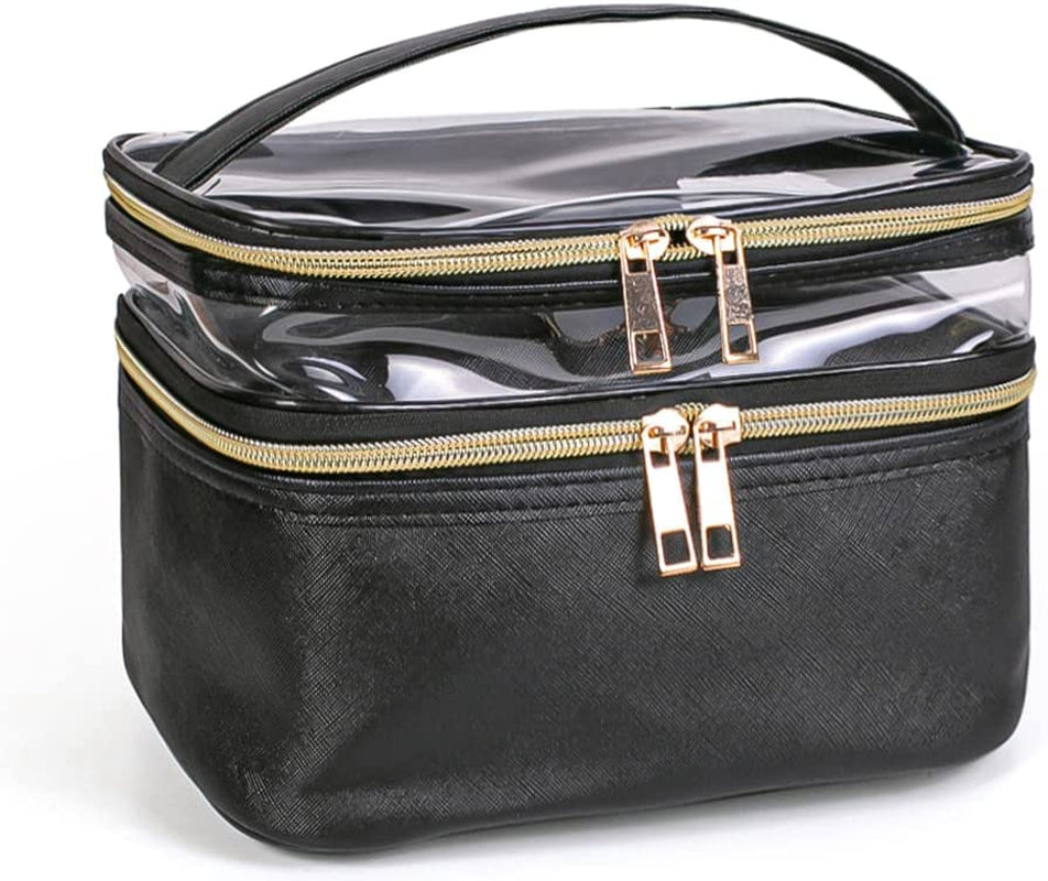 Portable 2-Layer Travel Makeup Bag - Waterproof, Foldable Cosmetic Organizer with Brush Slots (Black)