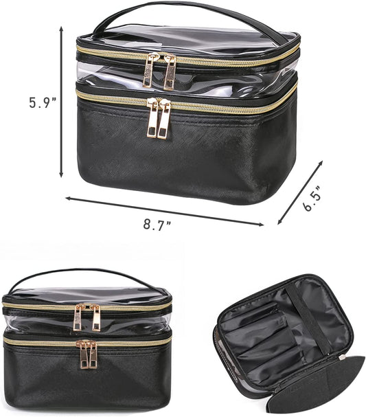 Portable 2-Layer Travel Makeup Bag - Waterproof, Foldable Cosmetic Organizer with Brush Slots (Black)