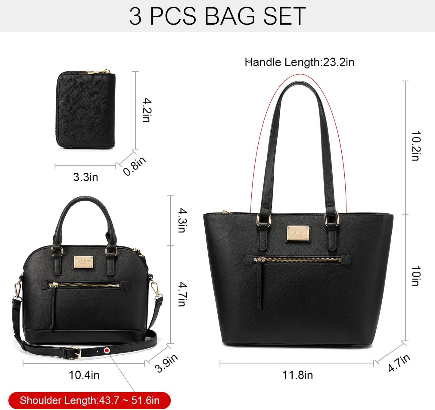 Women's Fashion Tote Bag Set - 3-Piece Shoulder Bag and Satchel Purse (Model A-1514, Black)