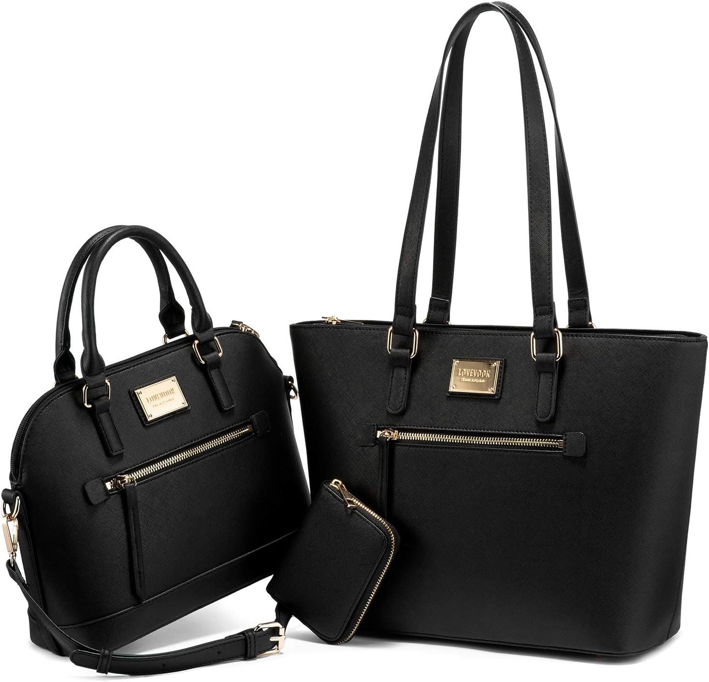 Women's Fashion Tote Bag Set - 3-Piece Shoulder Bag and Satchel Purse (Model A-1514, Black)