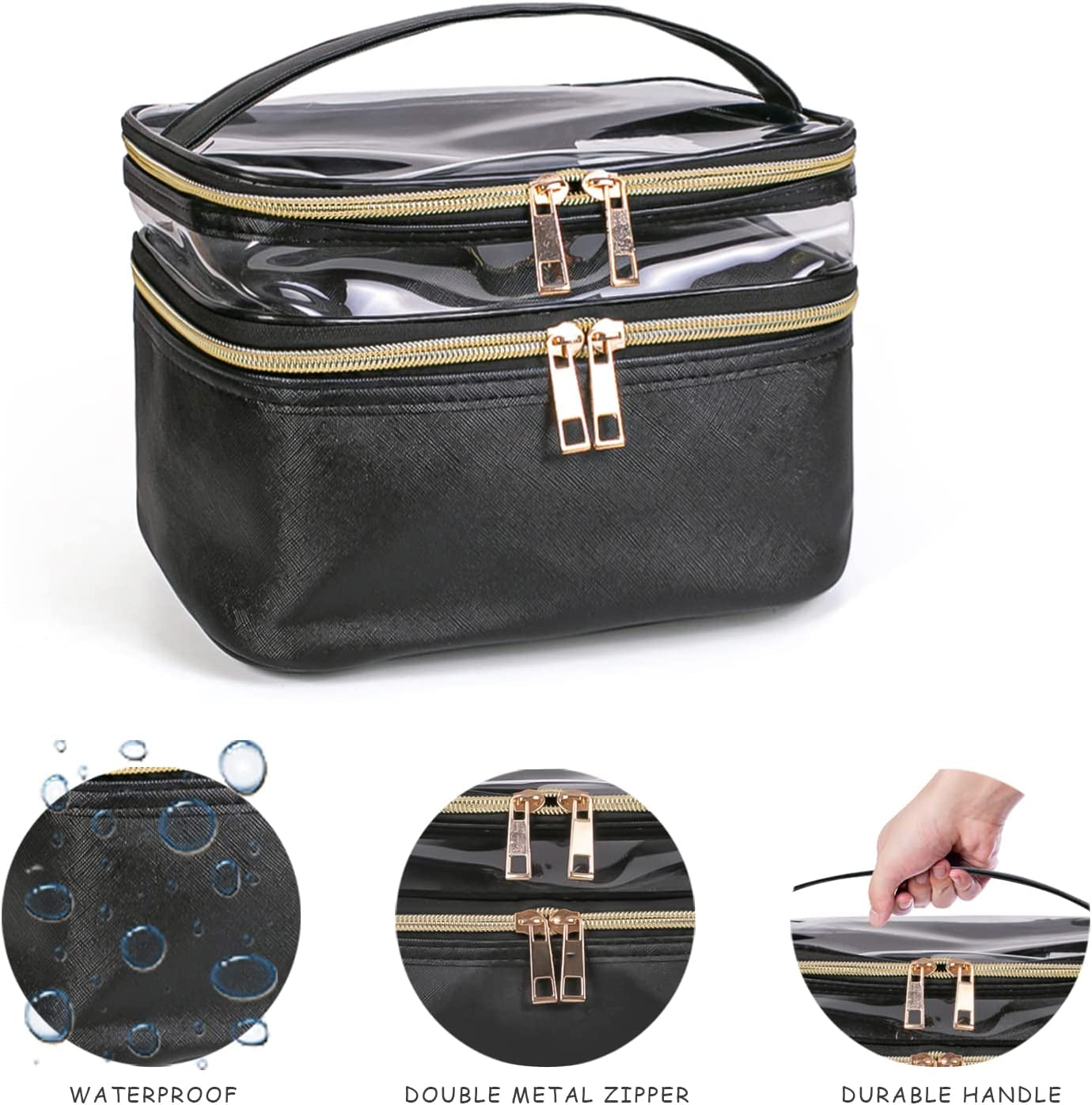 Portable 2-Layer Travel Makeup Bag - Waterproof, Foldable Cosmetic Organizer with Brush Slots (Black)