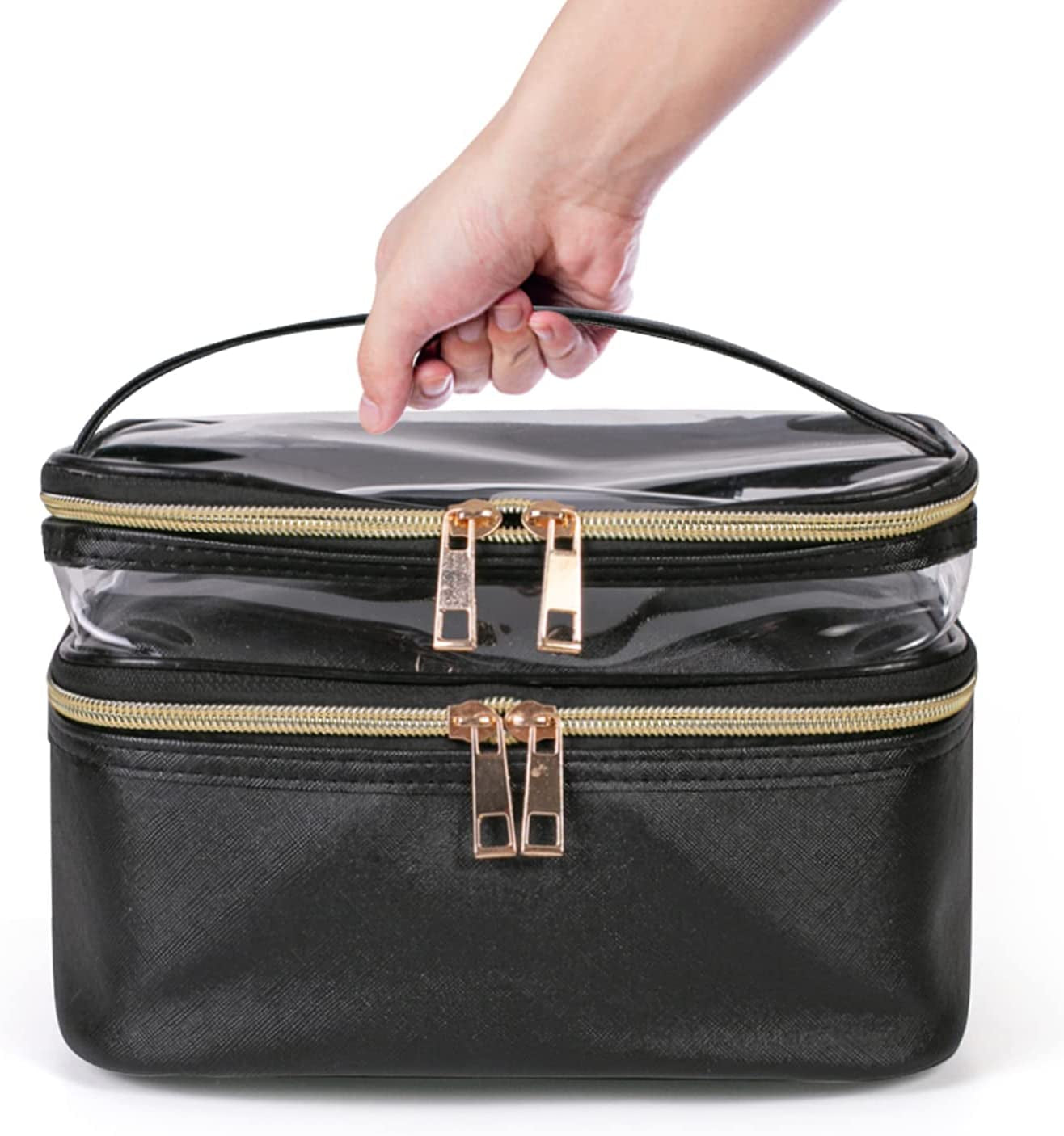 Portable 2-Layer Travel Makeup Bag - Waterproof, Foldable Cosmetic Organizer with Brush Slots (Black)