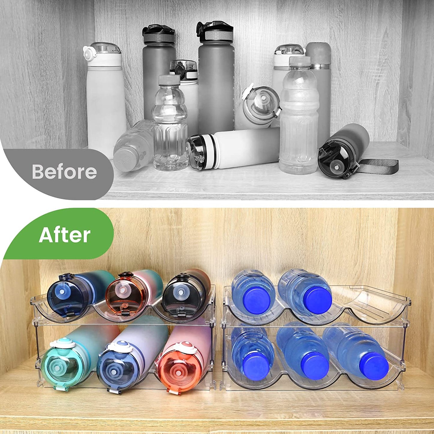 Stackable Water Bottle Organizer - 2-Pack Storage Rack for Cabinet & Pantry