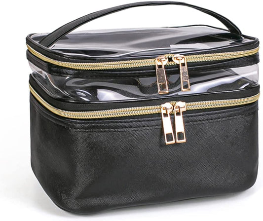 Portable 2-Layer Travel Makeup Bag - Waterproof, Foldable Cosmetic Organizer with Brush Slots (Black)
