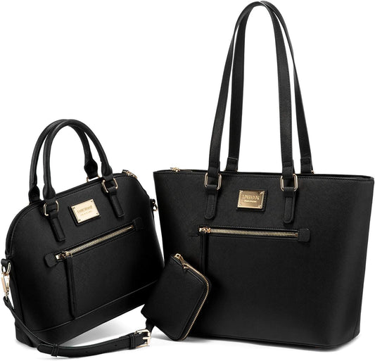 Women's Fashion Tote Bag Set - 3-Piece Shoulder Bag and Satchel Purse (Model A-1514, Black)